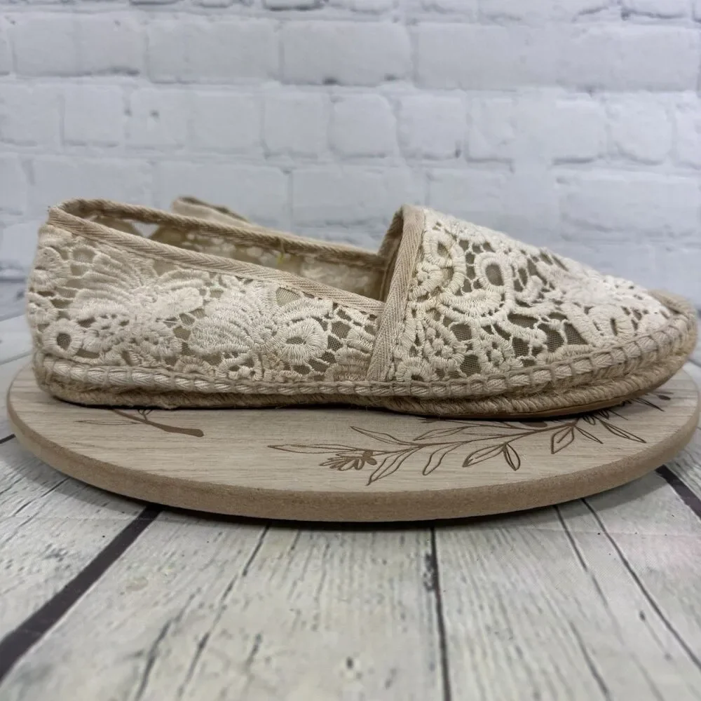 Tory Burch Crochet Lace Espadrilles Women 10.5 Ivory Boho Coastal Cottage Flats